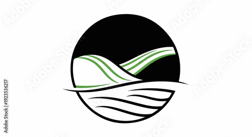 Abstract circular emblem depicting green rolling hills and wavy water below