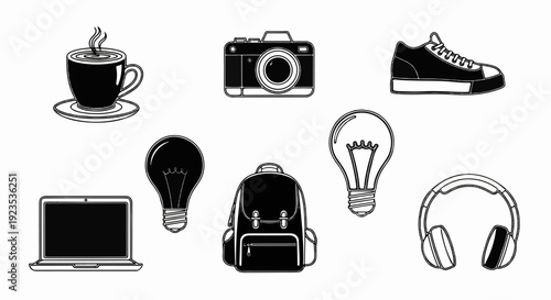 A collection of icons including a steaming cup, camera, sneaker, laptop, backpack, and headphones