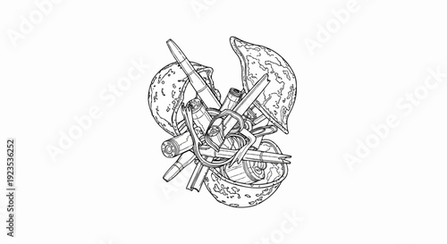 A surreal composition of military helmets and ammunition rendered in a sketched style