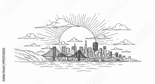 A striking line art depiction of a city skyline with a bridge, sun, and clouds