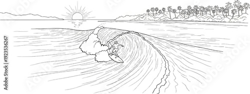 A surfer rides a barrel of a wave with a tropical island backdrop