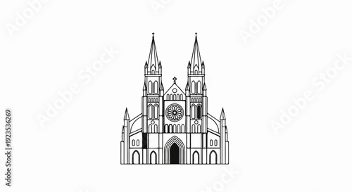 A symmetrical line drawing of a large, grand church with twin spires
