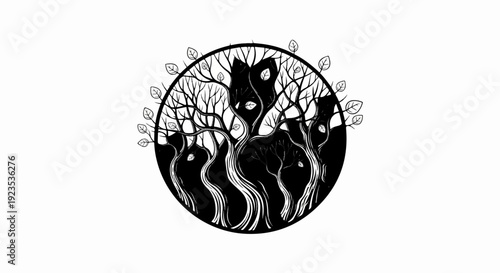 Abstract circular forest with bare trees and dark, mysterious shapes within