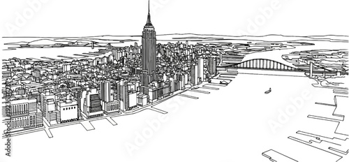 A striking line art illustration of a vast urban cityscape with a prominent tall skyscraper