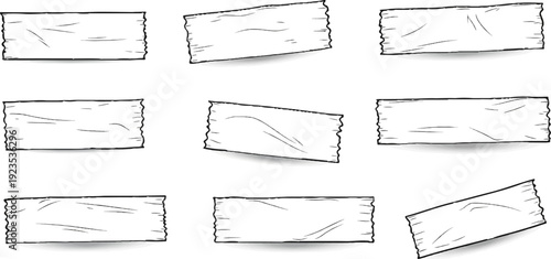 A collection of nine white tape strips with torn edges and subtle shading