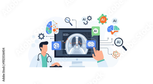 AI Medical Diagnosis: Doctor Analyzing Scan with Artificial Intelligence Technology. Digital Healthcare and Machine Learning for Automated Medical Imaging Analysis.