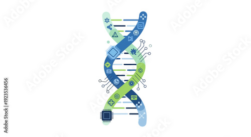 Genetic Code Technology: Digital DNA Helix with Microchips and Circuitry representing Bioengineering, AI, and Computational Biology.