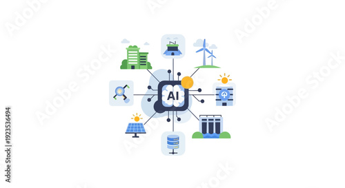 AI Powered Sustainable Energy Infrastructure Diagram: Smart Grid, Renewable Power, and Urban Technology Integration Concept.