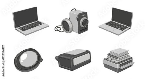 Monochrome Cartoon Set of Digital Technology and Learning Icons: Laptops, Camera, Lens, and Stacked Books on White Background.