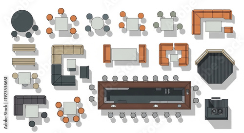 Top-down view of various furniture arrangements for office spaces and meeting rooms.
