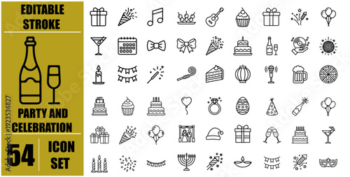 Collection of fifty four editable stroke icons for party and celebration themes