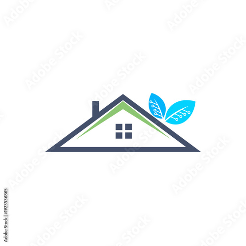 Modern eco-friendly real estate logo with house roof and green leaves for sustainable property branding
