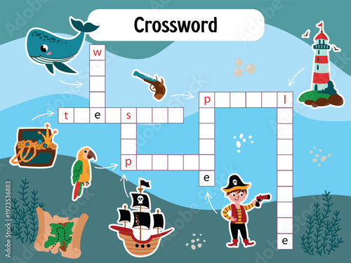 Pirate Themed Crossword Puzzle Illustration. Educational activities for children. 