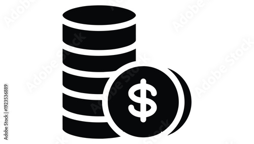 A simple black icon depicting a stack of coins with a dollar sign