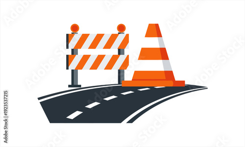 Road under construction with barrier and traffic cone.