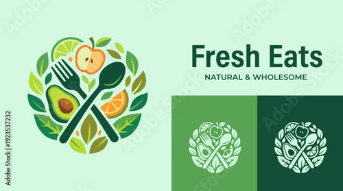 This vibrant logo design features forks and spoons surrounded by leaves, capturing the essence of fresh, wholesome food, ideal for restaurants or food brands focused on health.