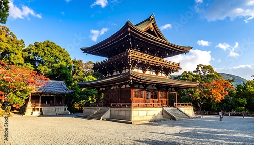 A serene Japanese temple with a traditional pagoda-style roof surrounded by trees