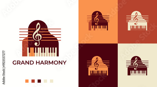This logo portrays a grand piano with musical notes, symbolizing harmony and passion in music, suitable for brands related to music education, teaching, or performance.