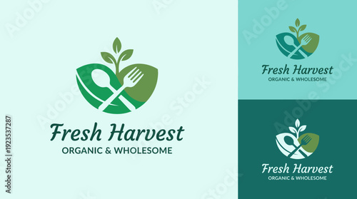 This logo combines leafy greens and utensils, reflecting a commitment to organic and wholesome foods. Perfect for natural food brands and sustainable practices.
