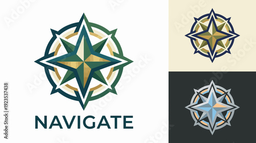 A dynamic compass logo design showcasing directional elements, perfect for navigation services, with a modern color scheme and sharp geometric patterns depicting exploration.