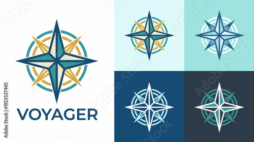 The Voyager logo features a dynamic compass design, symbolizing exploration and guidance, using a color palette of blue and gold for a modern, sophisticated look.