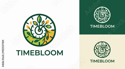 This logo creatively represents the intertwining of nature and time with blooming elements, symbolizing growth, life cycles, and environmental consciousness.