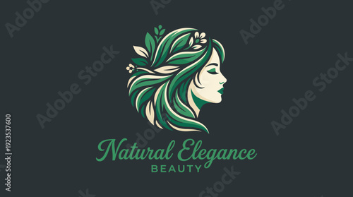 A sophisticated logo showcasing a woman's profile intertwined with lush green foliage, symbolizing natural beauty and elegance intertwined with nature's essence.