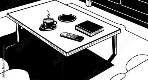 A tabletop with a coffee cup, book, and remote control on it