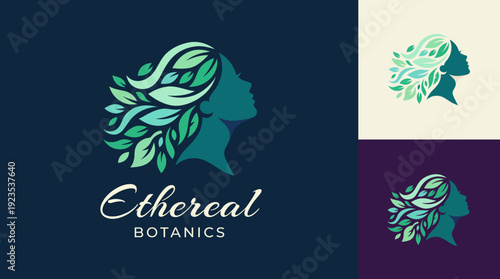 This logo features a woman's silhouette adorned with leaves, representing the harmonious connection between nature and beauty, perfect for a wellness brand.