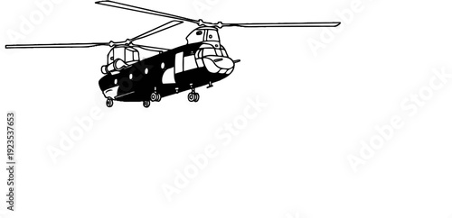 A tandem rotor helicopter in flight, depicted in a black and white illustration