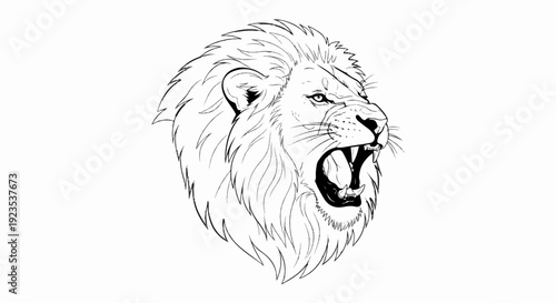 A fierce lion's head roars with an open mouth and sharp teeth