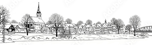 A monochrome illustration of a town with a church, houses, and a bridge on a snowy bank
