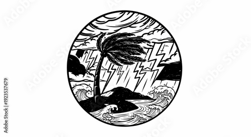 A tempestuous scene depicts a lone palm tree battered by wind and lightning over rocky shores