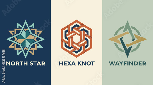 This image features three distinct geometric logo designs, each representing concepts of navigation, connection, and direction using modern artistic flair and symmetry.