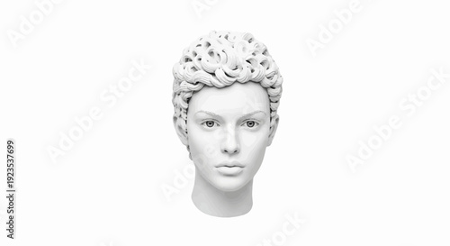 A monochrome bust of a young person with curly hair, realistic features