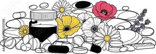 A collection of pills and flowers, including poppies, daisies, and lavender