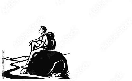 A lone figure sits on a rock, looking out over a vast landscape