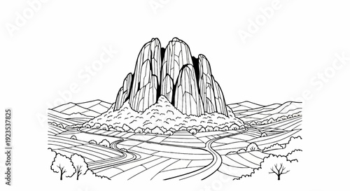 A striking rocky peak dominates a scenic rural landscape with cultivated fields