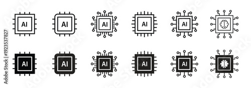 Artificial Intelligence AI Processor Chip Icon Set, Black and White Microchip Technology Vector Illustration. Ai microprocessor icons, Set of linear icons. Digital technology tree circuit network