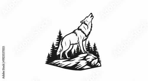 A striking silhouette of a howling wolf standing on a rocky outcrop surrounded by pine trees