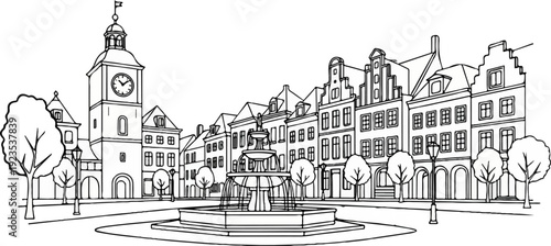 A timeless town square featuring a clock tower and water fountain