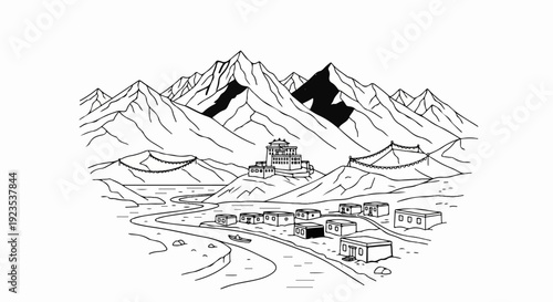 A monastery sits atop a hill with a village and river below, surrounded by mountains