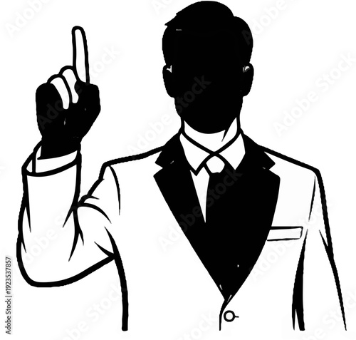 A figure in a suit points upwards, with a darkened face