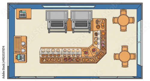 Top-down view of a modern restaurant interior with tables and a bar.