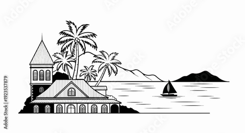 A tropical scene featuring a building with a tower and palm trees by the sea