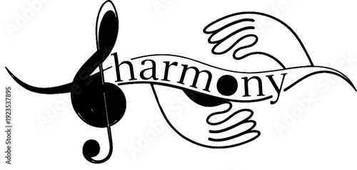 A treble clef and abstract hands embrace the word harmony