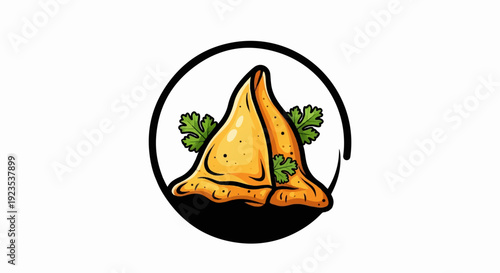 A triangular, golden fried pastry with green herbs sits inside a black circle