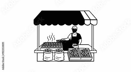 A vendor grills food under a market stall with bags of goods