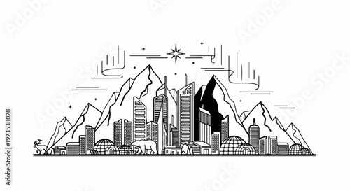 A stylized Arctic cityscape with modern buildings, igloos, and polar animals under the aurora borealis