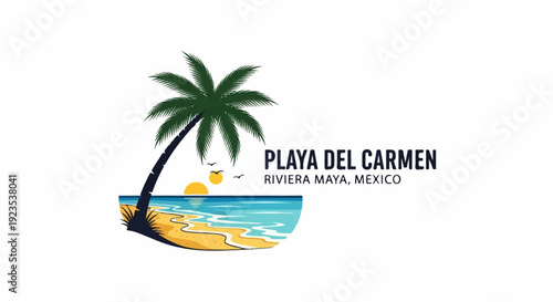 A vibrant coastal scene with a palm tree, ocean waves, sandy beach, and a setting sun